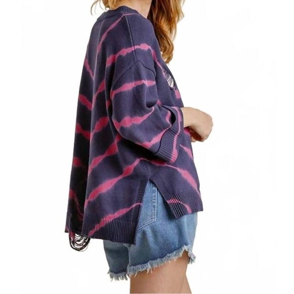 NWT Umgee Navy and Pink Tie-Dye Distressed Sweater - Picture 2 of 8